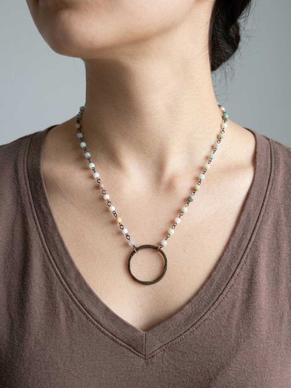Multicolor Beaded Necklace with Brass Circle Pendant